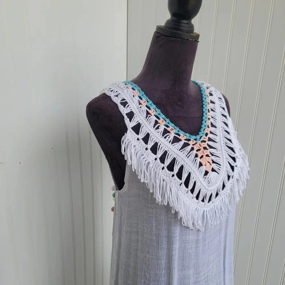 Cupshe Swim Coverup Dress One Size Boho Crochet Pom Pom Fringe Tassel White Blue - Picture 3 of 13